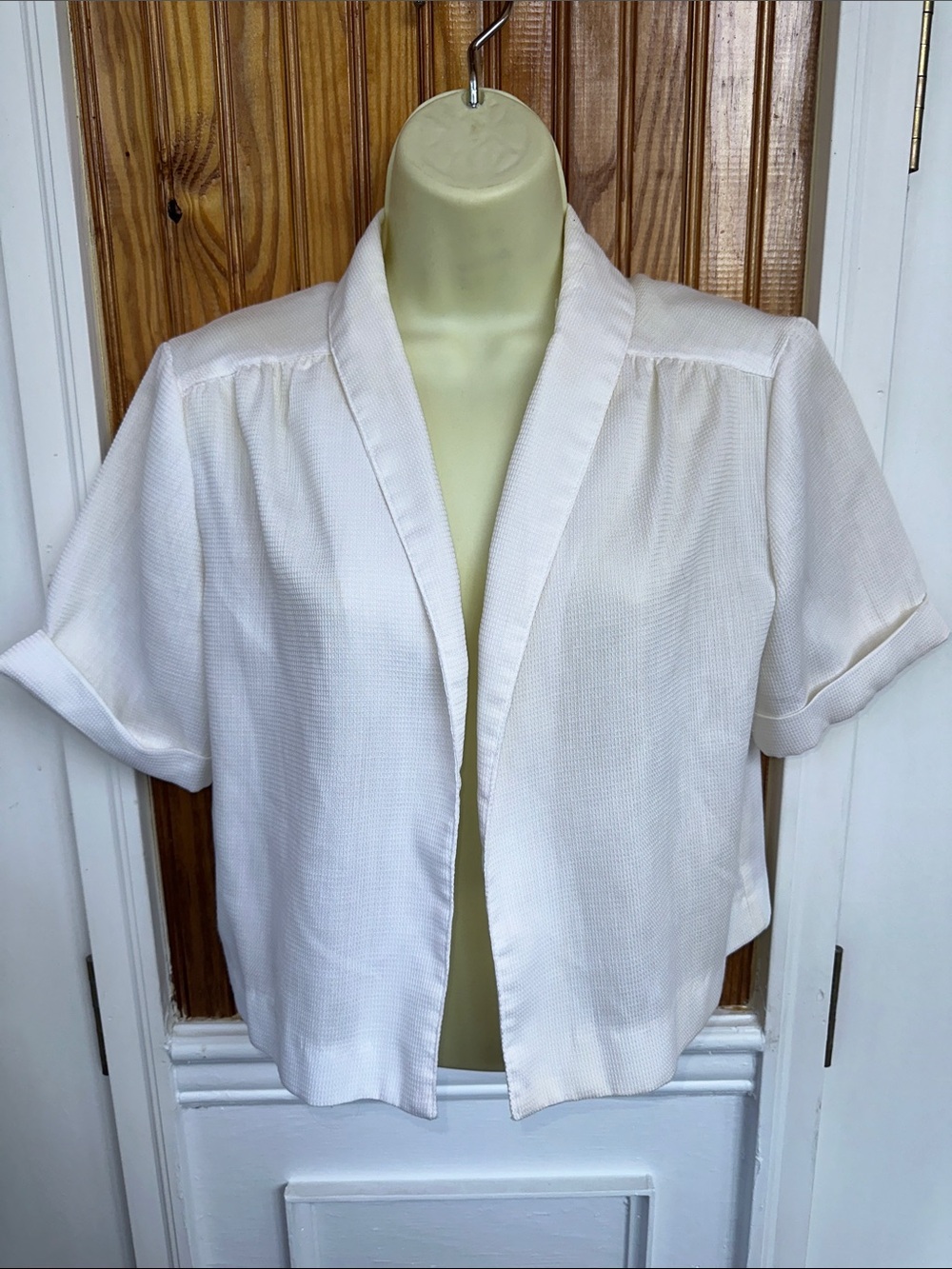 Vtg 70s/80s Sans Age Brand Open-Front White Short‎ Sleeve Cropped Jacket